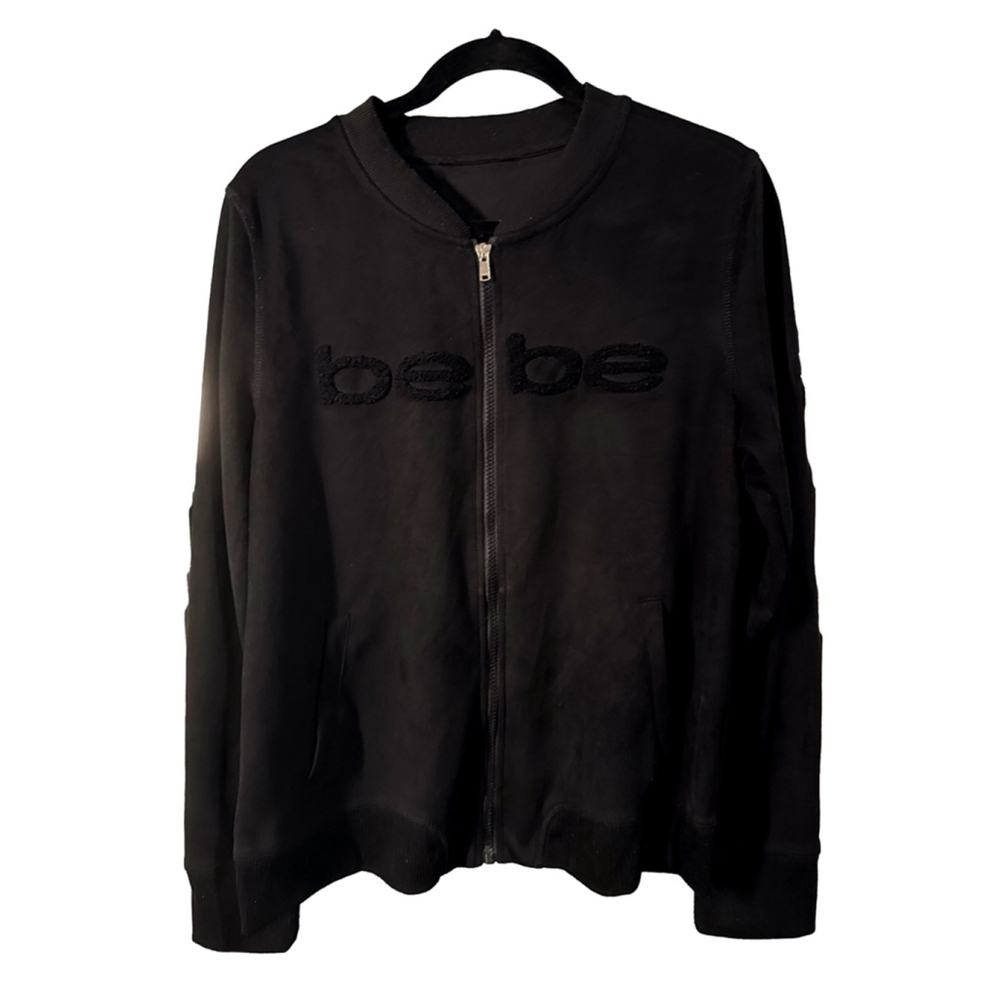 Bebe Black Bomber Jacket Chenille Logo Size M Polyester Spandex